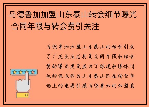 马德鲁加加盟山东泰山转会细节曝光 合同年限与转会费引关注