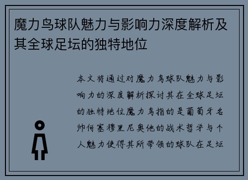 魔力鸟球队魅力与影响力深度解析及其全球足坛的独特地位