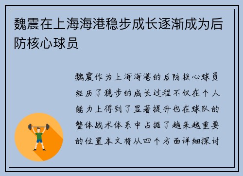 魏震在上海海港稳步成长逐渐成为后防核心球员