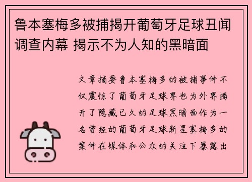 鲁本塞梅多被捕揭开葡萄牙足球丑闻调查内幕 揭示不为人知的黑暗面
