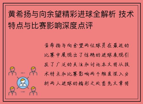 黄希扬与向余望精彩进球全解析 技术特点与比赛影响深度点评